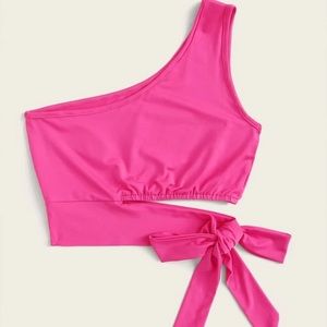 Neon pink one shoulder self tie crop top